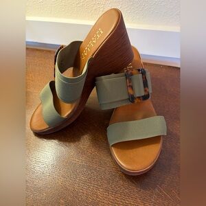 Italian Shoemakers Olive Green Elastic Strap Wedge Sandals Tortoise Buckle
